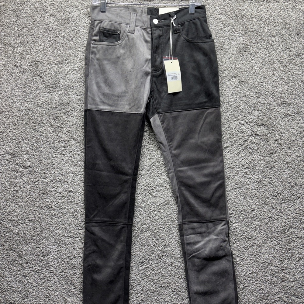 MNML Denim Button Fly Jeans Patchwork Suede Mens 28x34 Colorblock Black Gray NWT